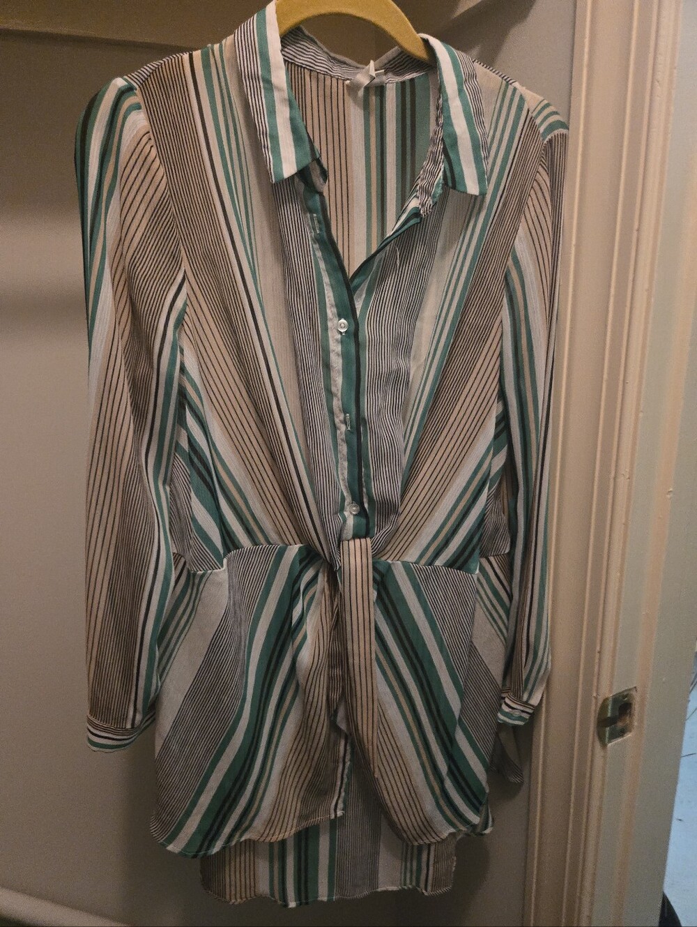 Women's Teal and White Striped Button-Back Blouse